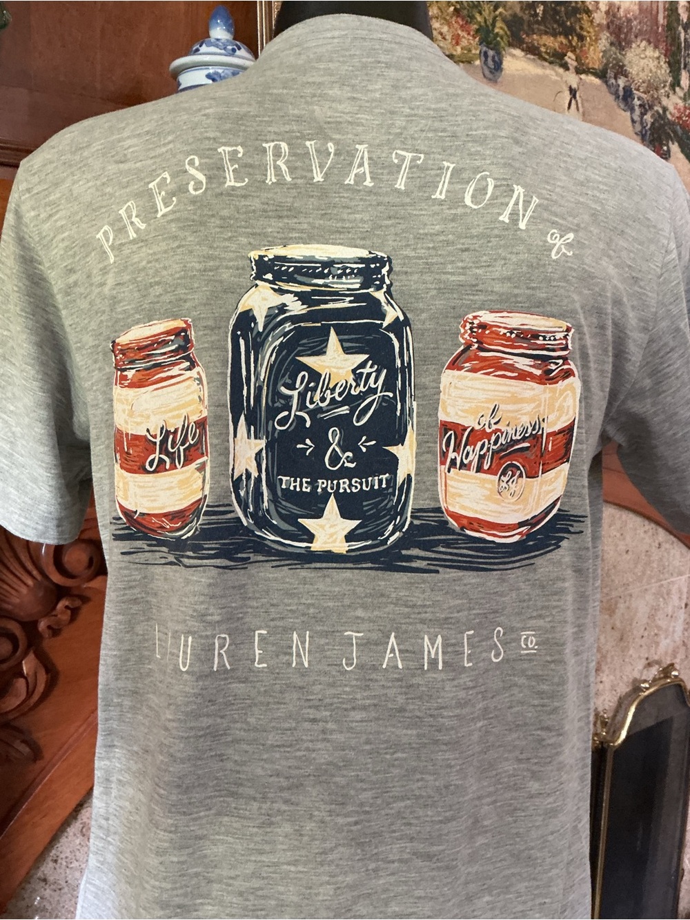 Lauren James Gray Graphic Tee with Blue and Red Jar Print